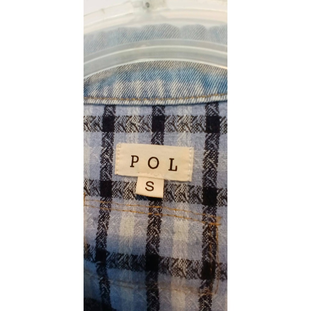POL Womens Light Wash Distressed Denim Plaid Mixed Media Studded Jacket Small - Picture 3 of 5